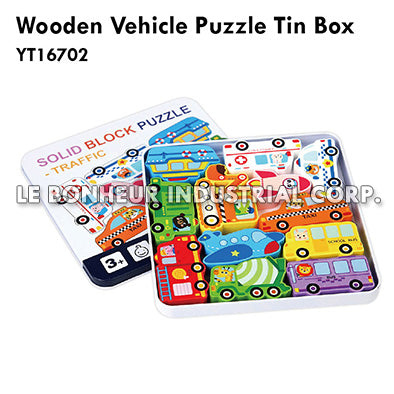 Wooden Vehicle Puzzle Tin Box