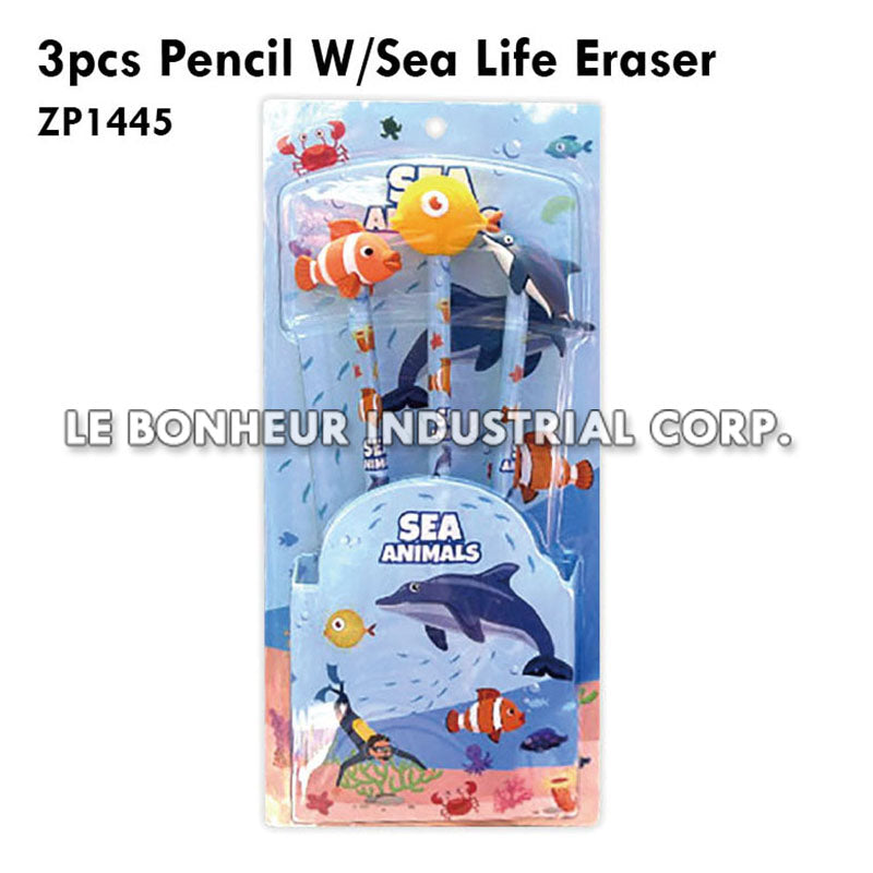 3pcs Pencil W/Sea Life Eraser