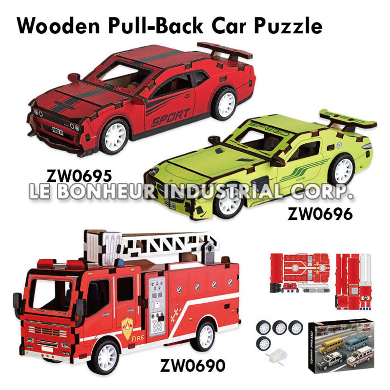 25pcs Wooden Pull-Back Green Sports Car Puzzle